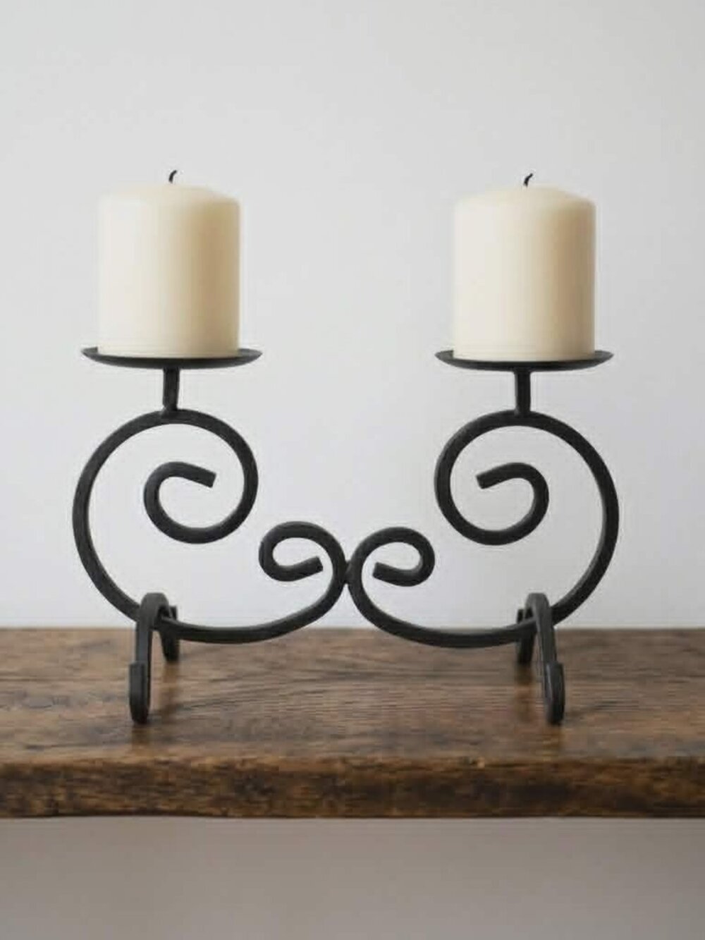Vintage Wrought Iron Double Pillar Candle Holder Scroll Candelabra Black Gothic